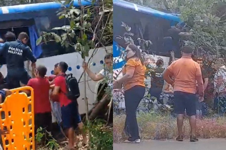 Motorista de ônibus desvia de caminhão e sai da pista na BR-343​‌​